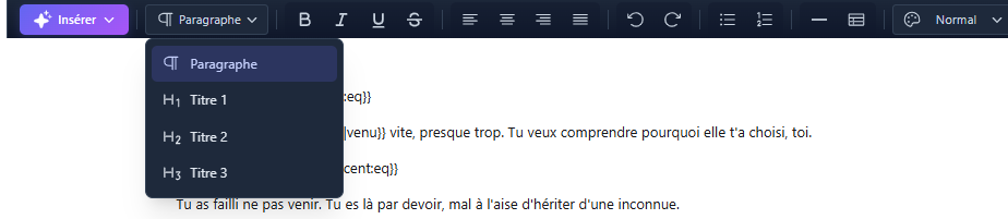 Menu des styles de bloc de l’éditeur
