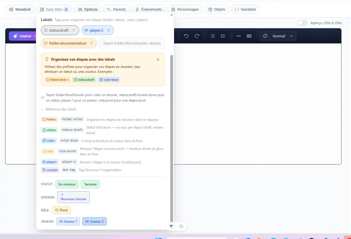 Popin de configuration des labels d'une étape